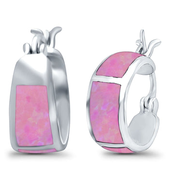 Hoop Huggies Earrings Irregular Shape Lab Created Pink Opal 925 Sterling Silver